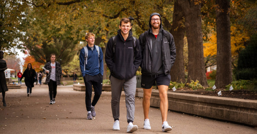 A trio of students walking along Central College's centerpiece of campus, the Peace Mall.