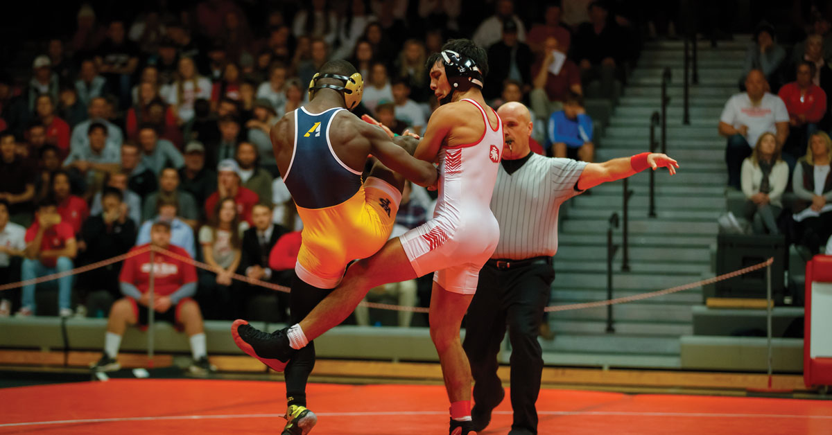 Shandon Akeo ’21 going for a takedown during a wrestling match