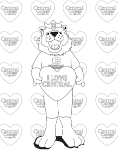 A Valentine's Day coloring page featuring Big Red in front of a heart-filled background.