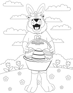 A coloring page featuring Big Red holding an Easter basket.