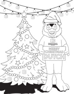 A coloring page featuring Big Red posing near a Christmas tree.