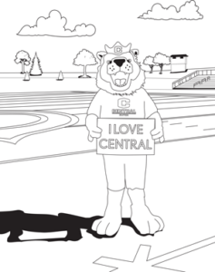 A coloring page featuring Big Red on the Central College football field
