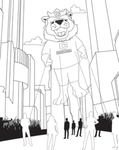 A coloring page featuring a Thanksgiving Day Parade with giant balloon shaped like Big Red.