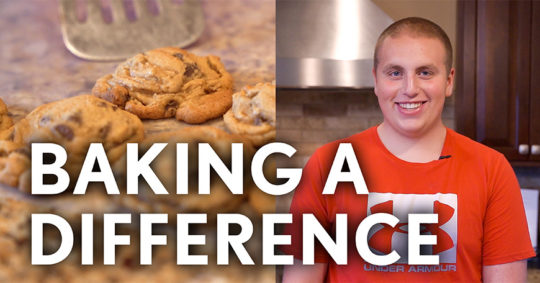 "Baking a Difference" text overlay with cookies and a photo of Jackson Perkins in the background.