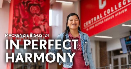 "Mackenzie Biggs '24: In Perfect Harmony" text overlay with a photo of Mackenzie Biggs '24 in the background.