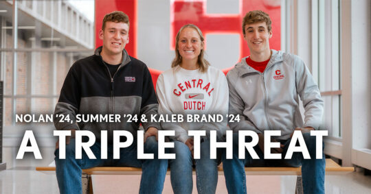 Class of 2024 triplets Nolan, Summer and Kaleb Brand pose for a photo.