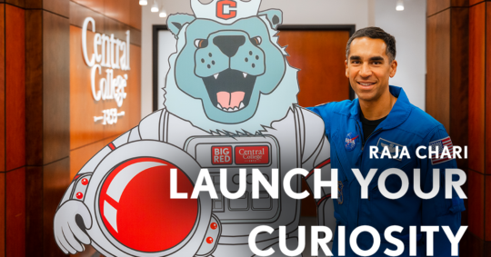 Raja Chari and Big Red with text, "Launch your curiosity"