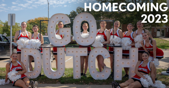 "Homecoming 2023" text overlay with a photo of cheerleaders around a "Go Dutch" sign.