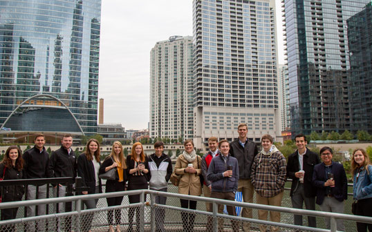 Students and faculty from Central's economics, accounting and management club pose for a group photo during their trip to Chicago.