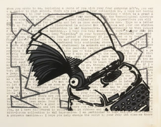 Jill Podhajsky - Linoleum cut on typed paper, 8” x 10” Printmaking